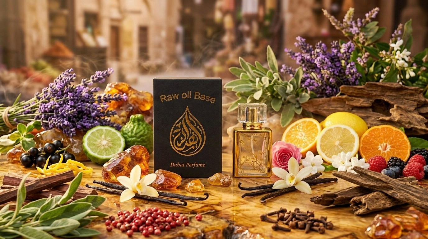 Dhofar Perfumes with ingredients on a wooden table